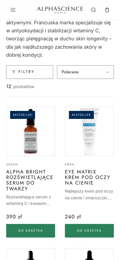 Lista produktów AlphaScience na telefonie
