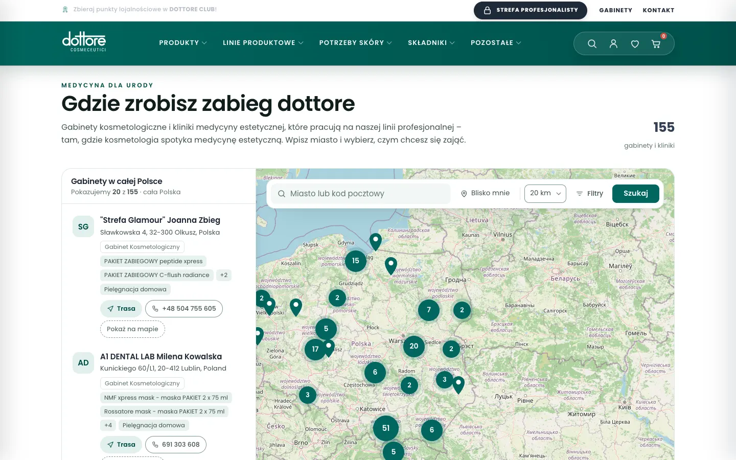 A map of salons working with dottore cosmetics, 155 locations in Poland