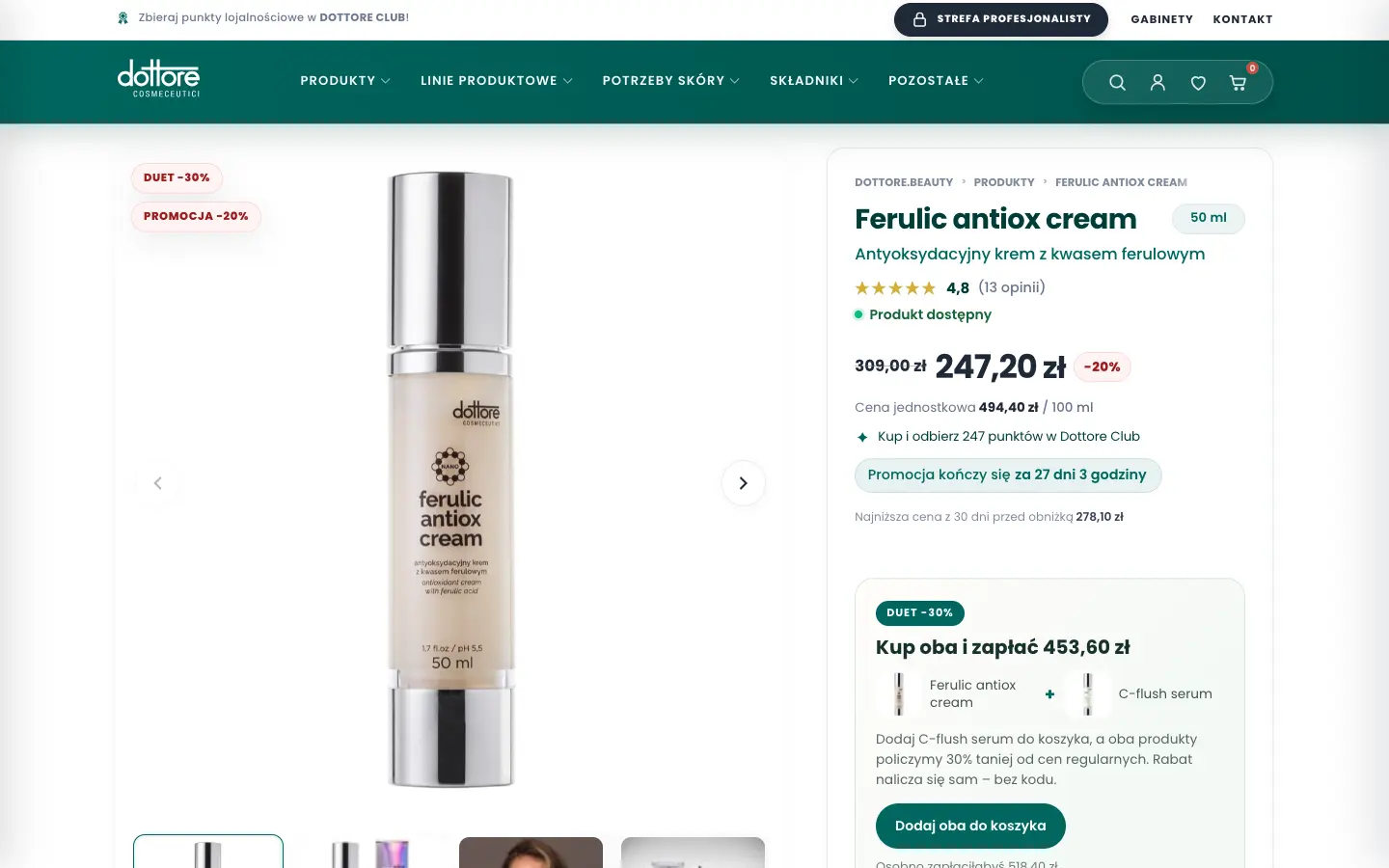 The Ferulic antiox cream product page with the price, Dottore Club points and a Duet bundle