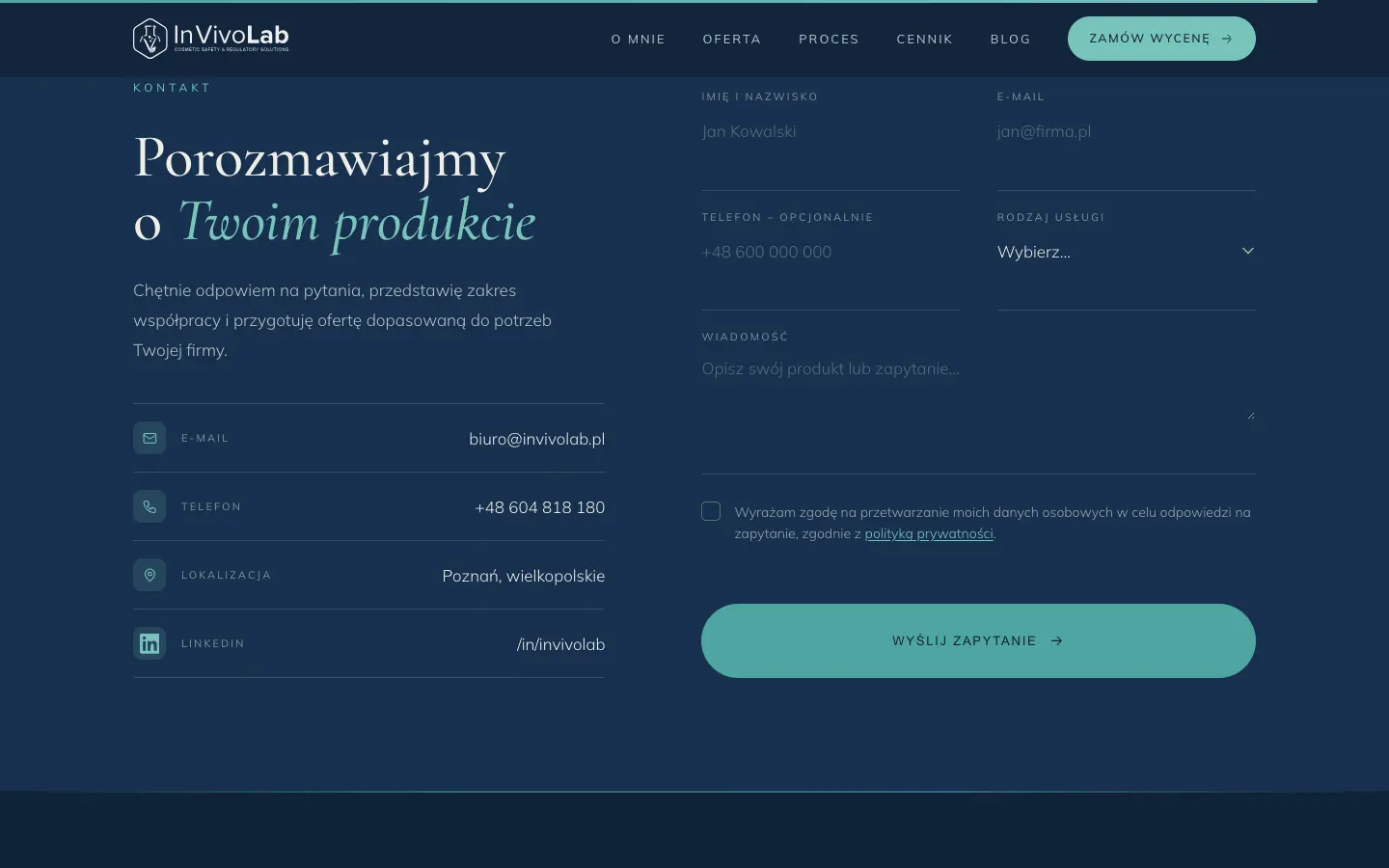 The contact section with a form and a choice of service type