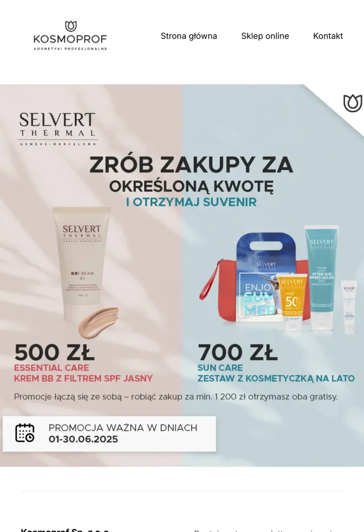 Newsletter Kosmoprof: zakupy Selvert Thermal za określoną kwotę z upominkiem, czerwiec 2025