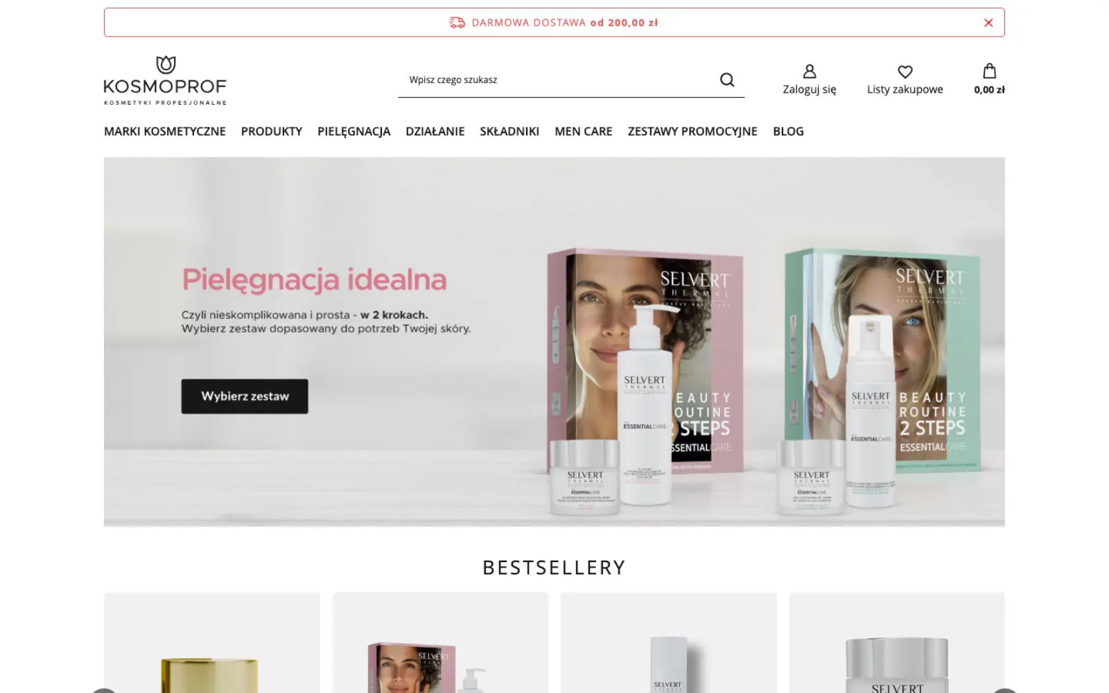Strona główna sklepu Kosmoprof z menu: marki, produkty, pielęgnacja, działanie, składniki