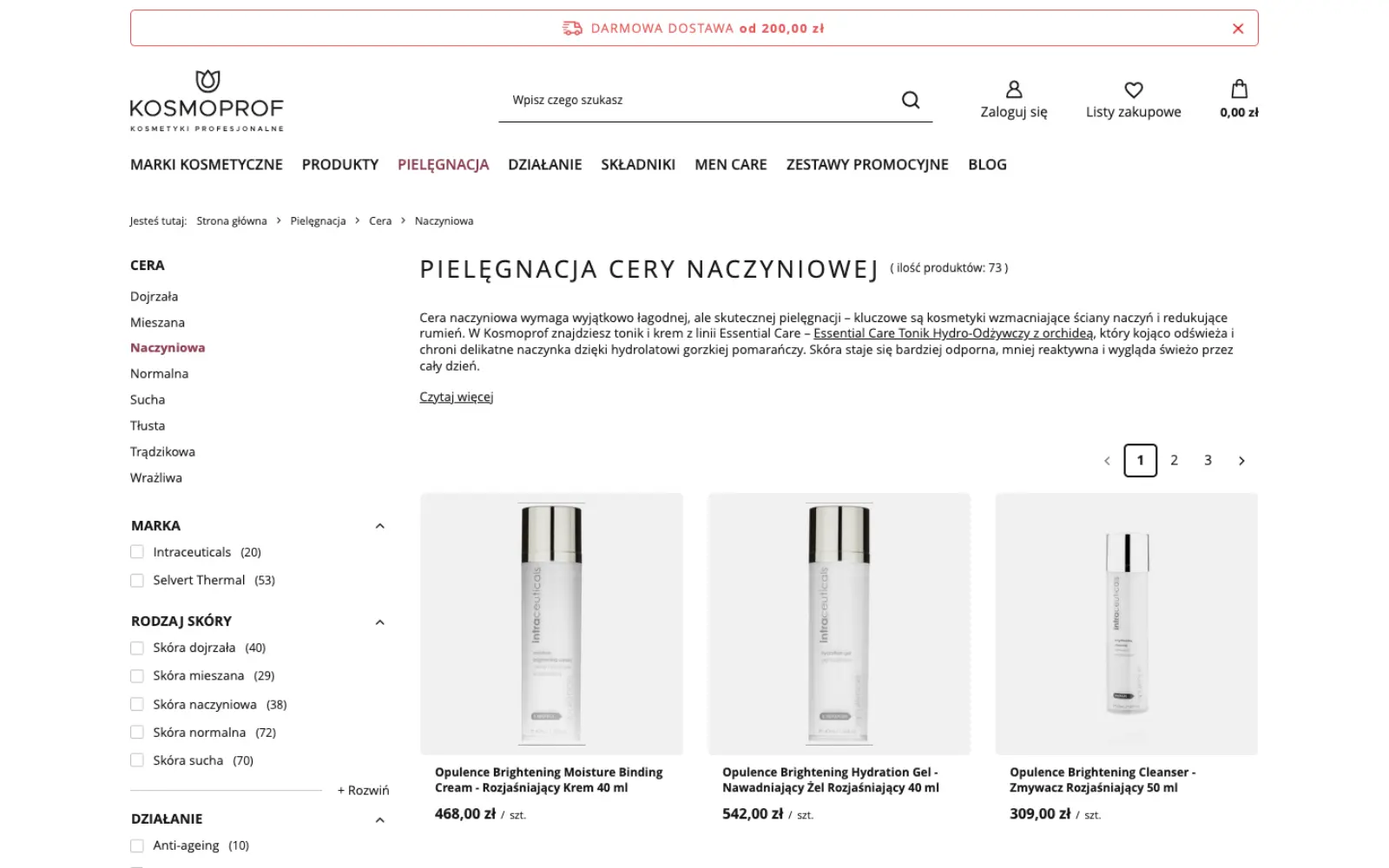 Kategoria pielęgnacja cery naczyniowej z opisem i filtrami marki, rodzaju skóry i działania