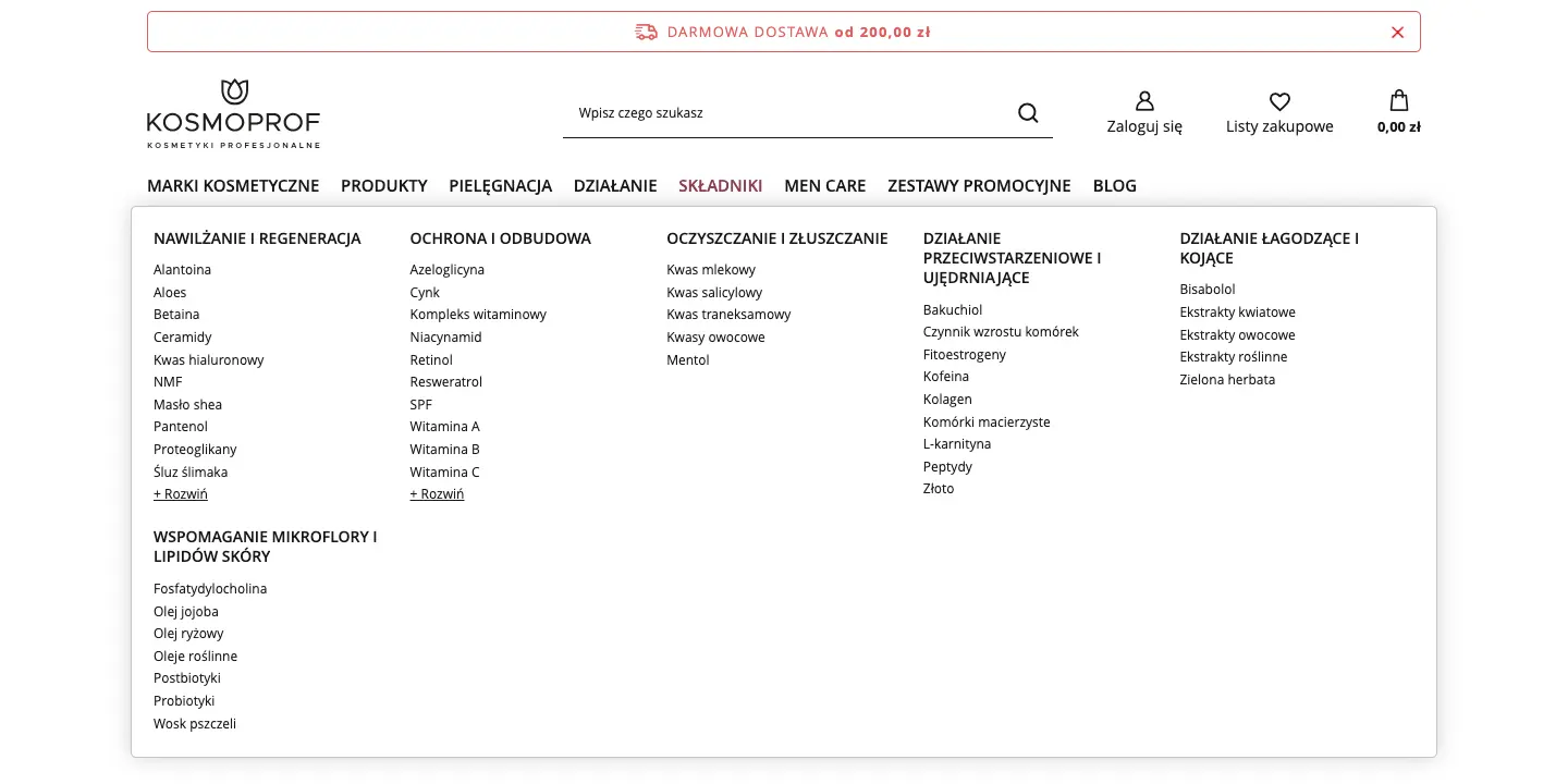 Rozwinięte menu Składniki w sklepie Kosmoprof z grupami składników