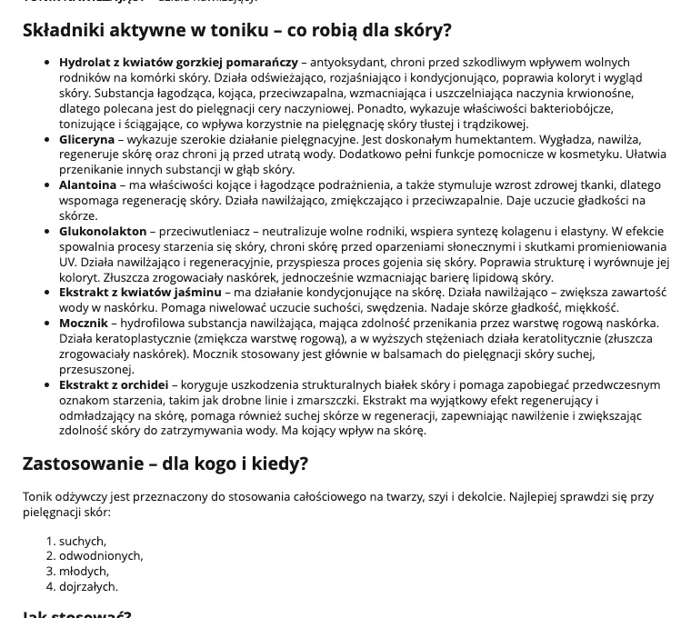 Fragment opisu toniku: składniki aktywne i zastosowanie